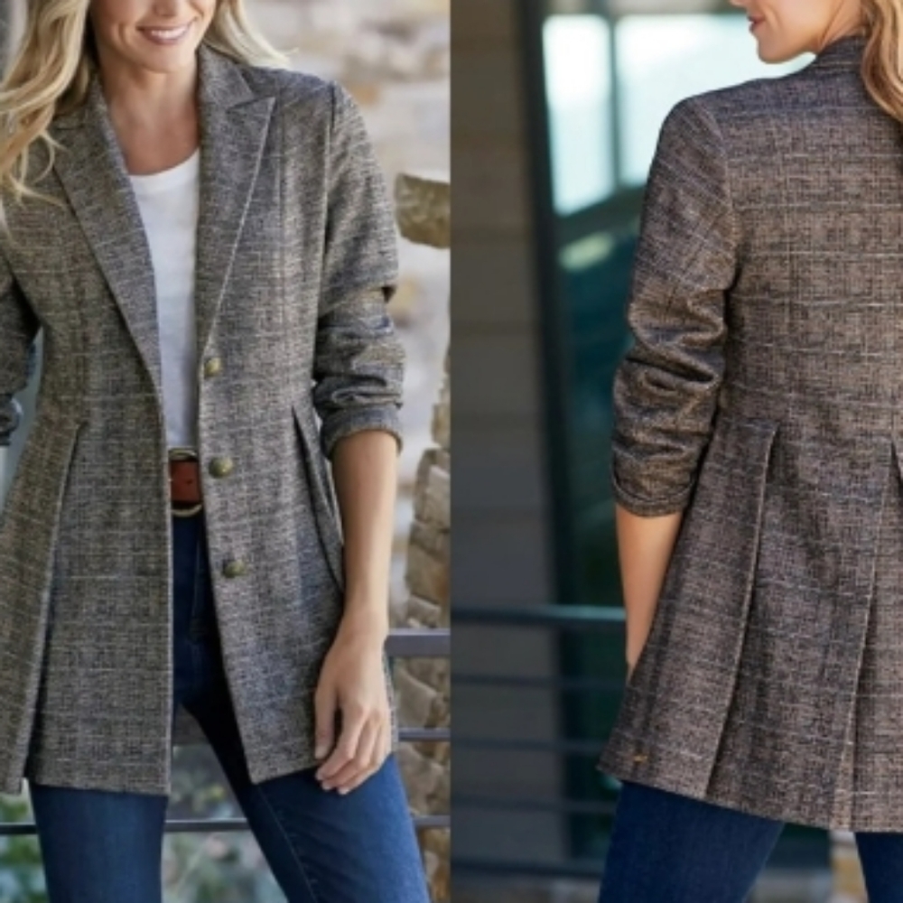 Soft Surroundings (Size L) Multicolored Plaid Button Down Front Pleated Jacket